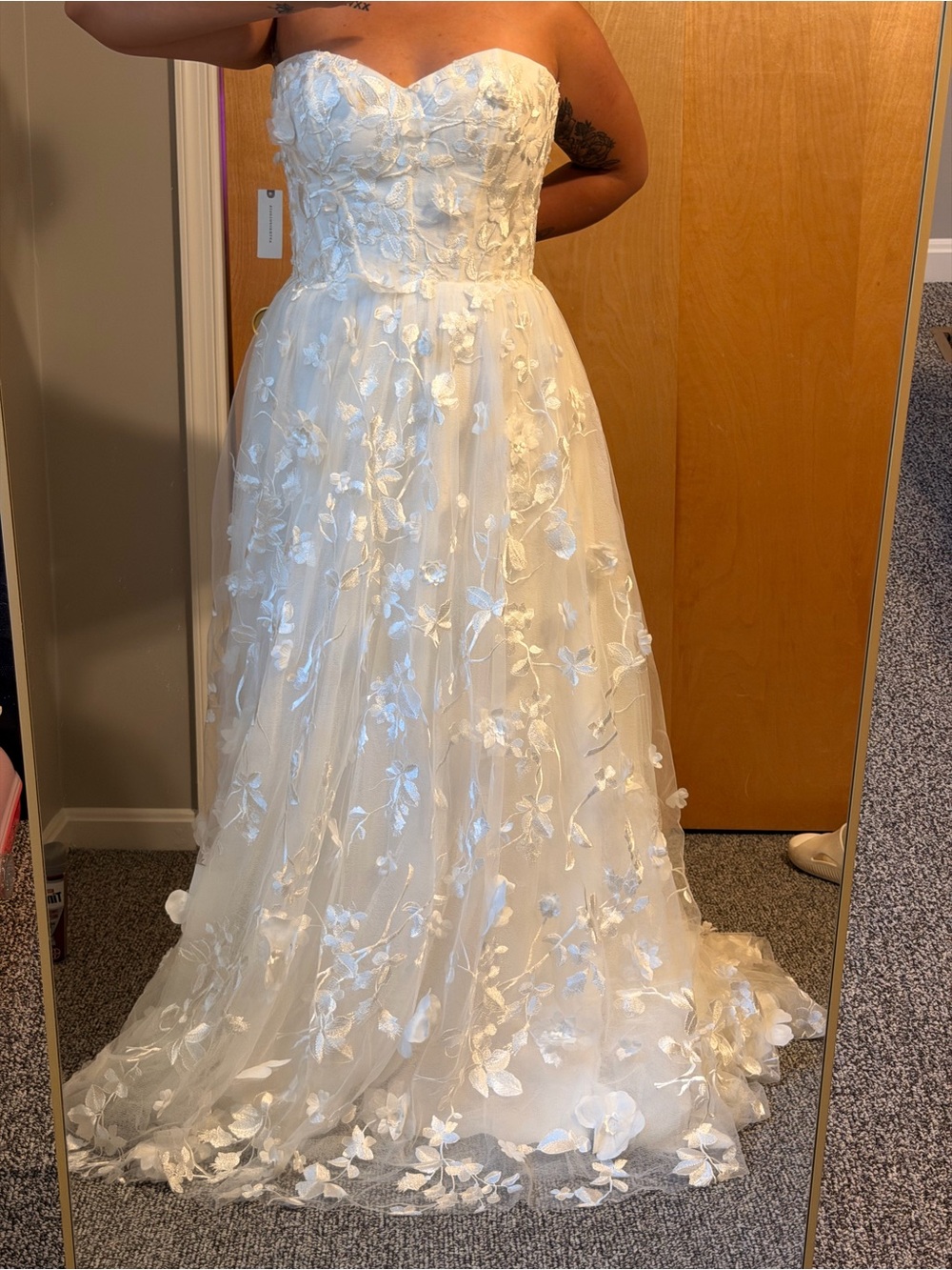 Anthropologie White Strapless Floral Appliqué Tulle Dress